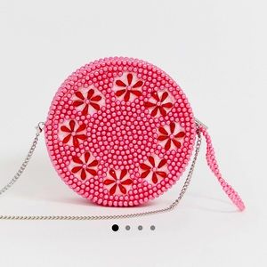 Asos skinny dip Queenie pink beaded crossbody / clutch bag